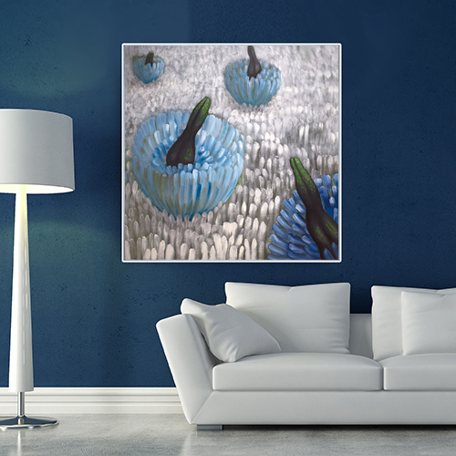 oil on canvas  best oil painting  Marta Konieczny  home decoration  for gift  for women  botany  nature  plants  organic  beautiful  modern  blue  green  flowers  white  original  for birthday