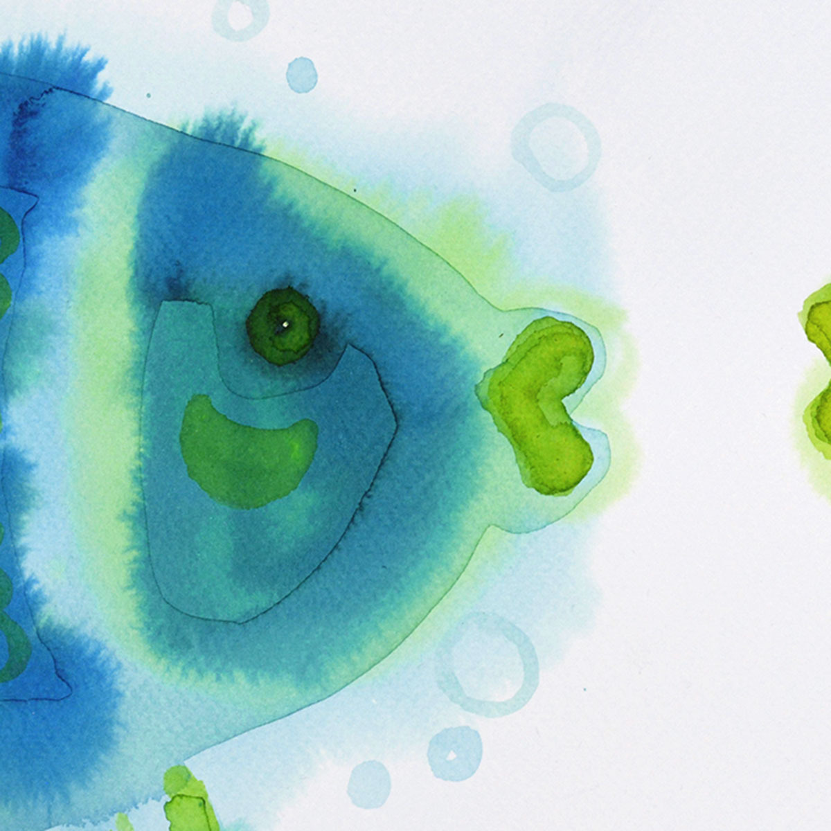 Original watercolor beauty best nature botany art modern Marta Konieczny, for gift present, for children, for women, green, turquoise, blue, fish, kiss, 30x40 cm. home decoration, illustration, animals, couple, love