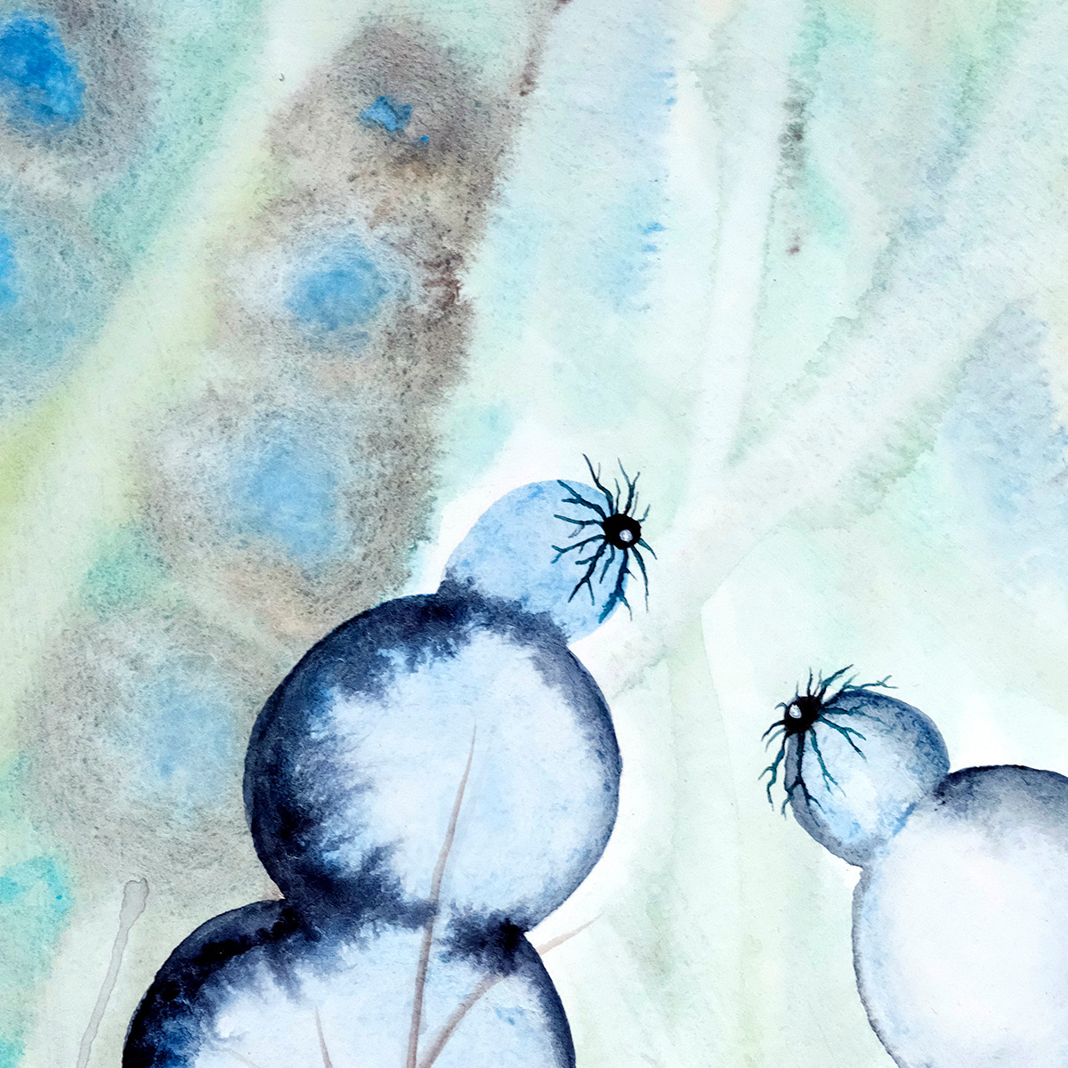 akwarela oryginalna, profesjonalna, dla kobiety, dla przyjaciółki, dla dziewczyny, do salonu, do sypialni, na ścianę, papier Hahnemuhle, 40x30 cm, najładniejsza, najlepsza, pastelowa, delikatna,rośliny, niebieskie, turkusowe, zielone, miętowe