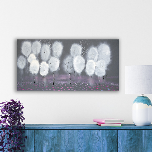 pink fog landscape wintertime  white trees  prey  forest  Marta Konieczny  30x60 cm  3D  for bedroom  on a white wall 