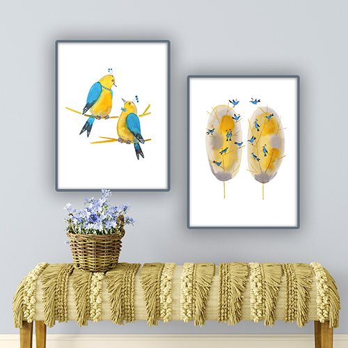 artprint copy print giclee artistic professional Marta Konieczny best beautiful gallery modern art for present for gift for bedroom for salon on wall for birthday for order botanical birds yellow blue turquoise trees framed