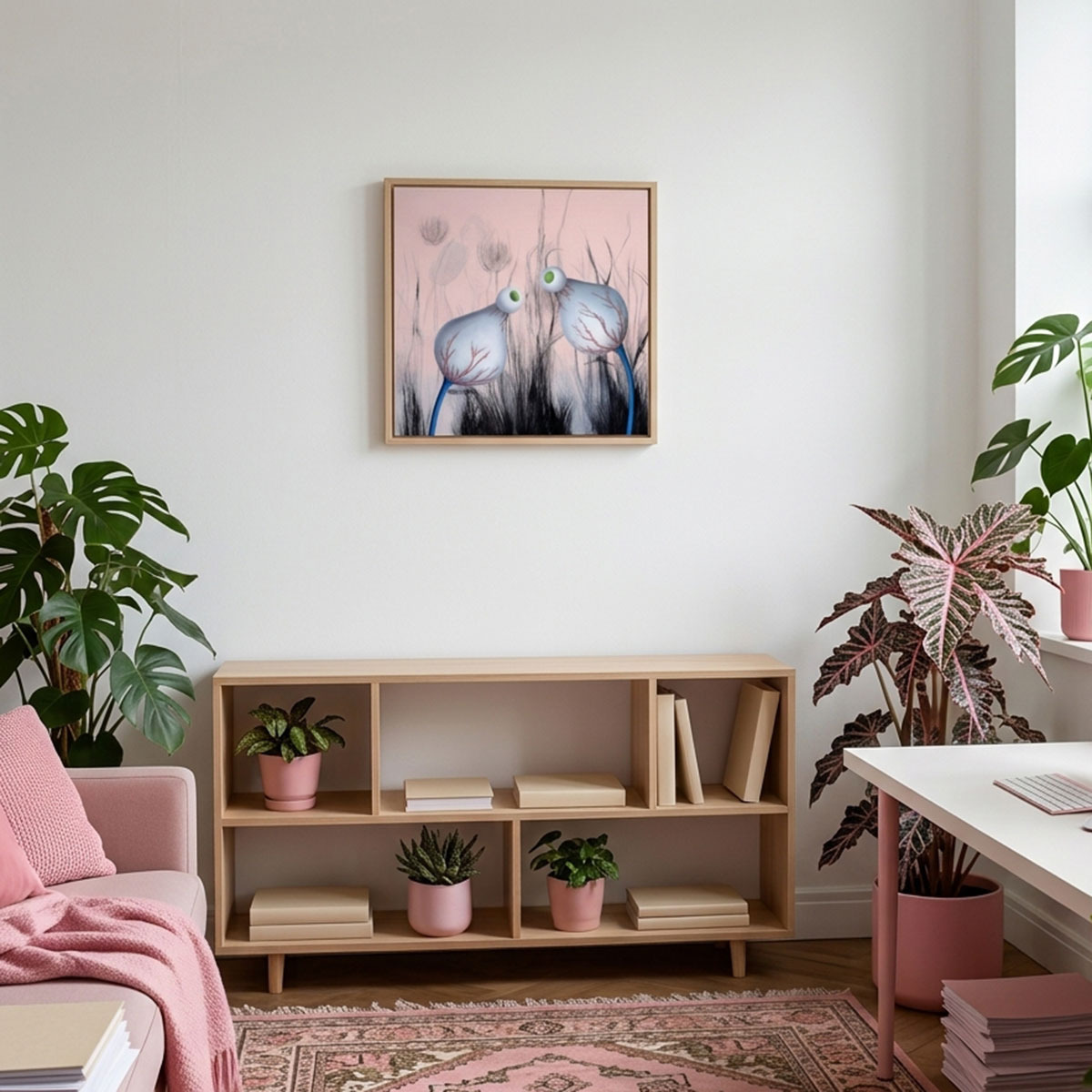 oil on canvas, original, best oil painting, Marta Konieczny, home decoration, for gift, for women, botany, nature, plants, organic, beautiful, pink, flowers, 60x60 cm, square