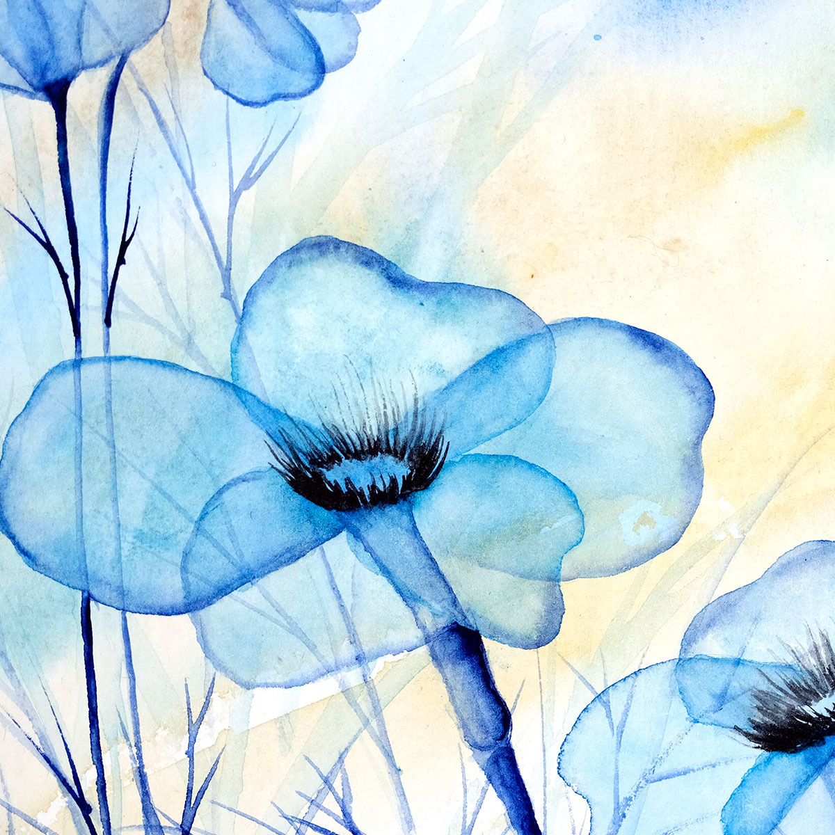 akwarela oryginalna Marta Konieczny sztuka nowoczesna najlepsza najpiękniejsza galeria polska ilustracja na prezent dla kobiety na urodziny na zamówienie do salonu do nowoczesnego wnętrza na ścianę do sypialni czarne niebieskie kwiaty balony