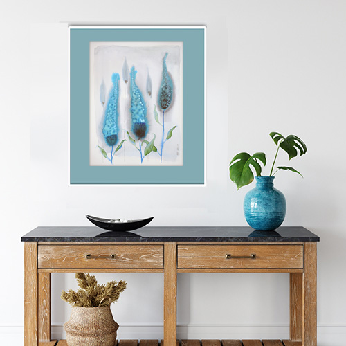 original watercolor aquarelle Marta Konieczny best beautiful gallery modern art for present for gift for bedroom for salon on wall for birthday for order turquoise flowers blue framed