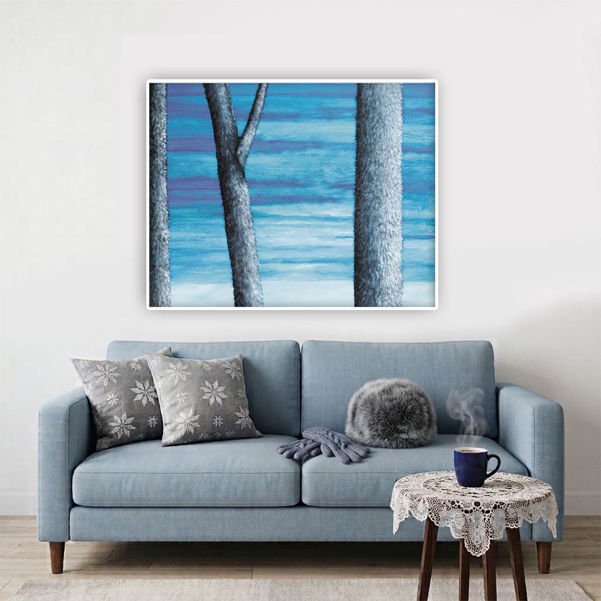 oil on canvas, best oil painting, Marta Konieczny, home decoration, for gift, for women, botany, nature, plants, organic, tree, landscape, blue, grey, winter